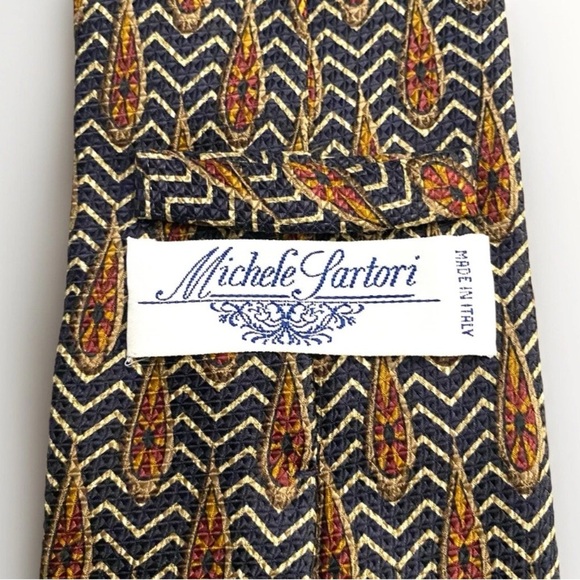 MICHELE SARTORI Silk tie Made in Italy Earth Tone Abstract Feather Pattern - Picture 2 of 5
